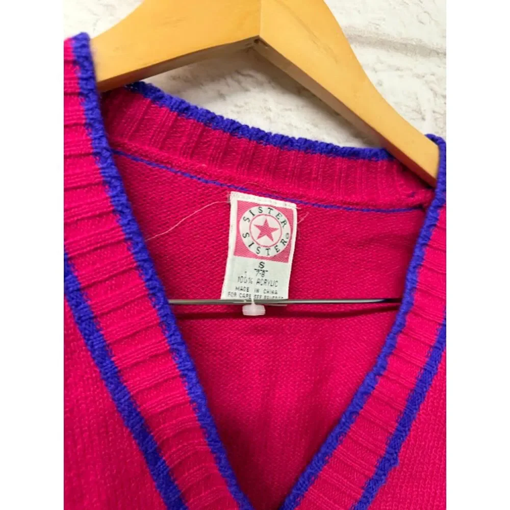 Vintage Girl's Sweater Cardigan Size Small 7/8 Pink Roller Skating Striped 80s